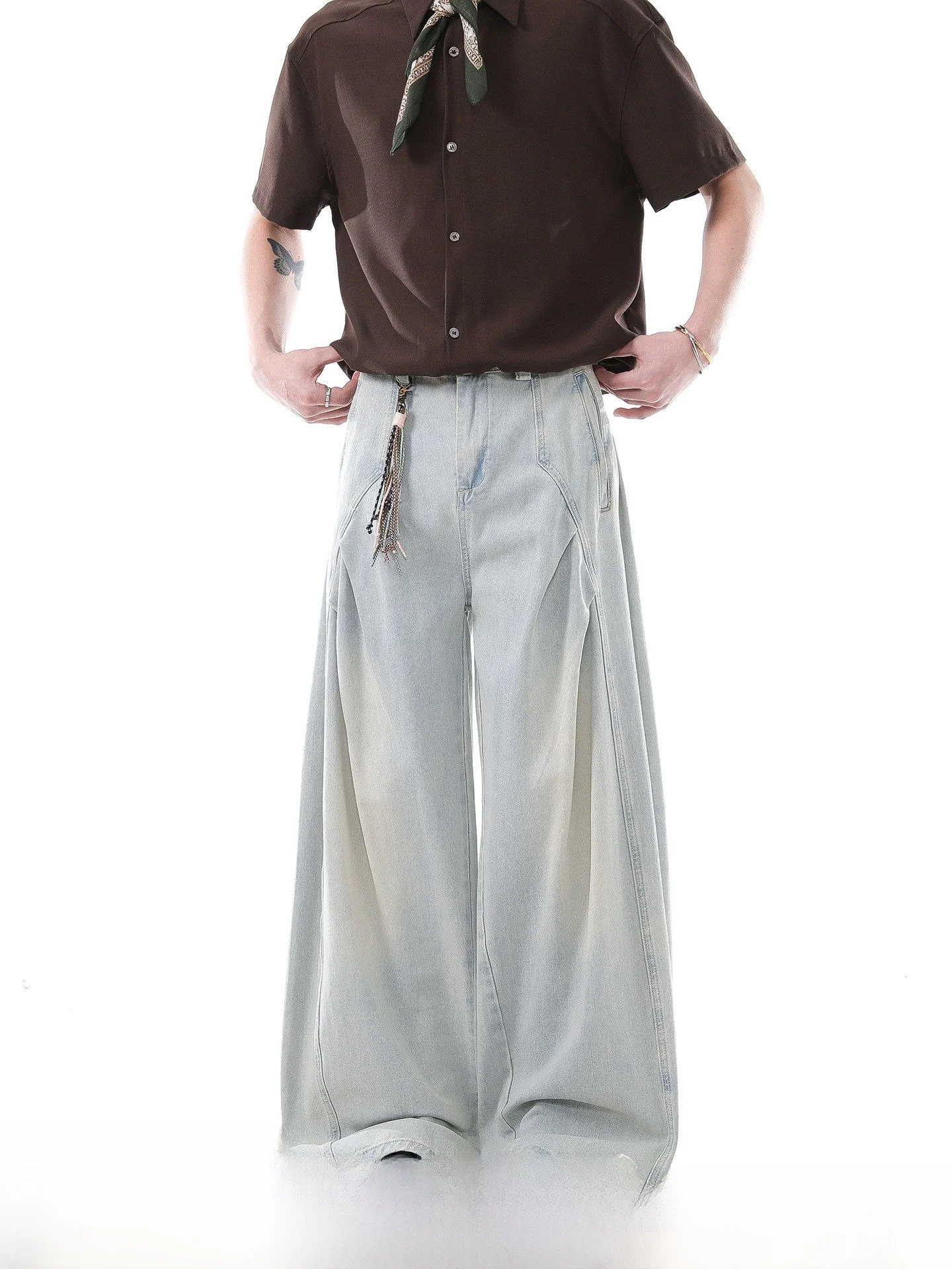 

Retro American Washed Straight Leg Men's Jeans Summer Pleated Splicing Boys Jeans Cotton Polyester Blend Casual Trousers