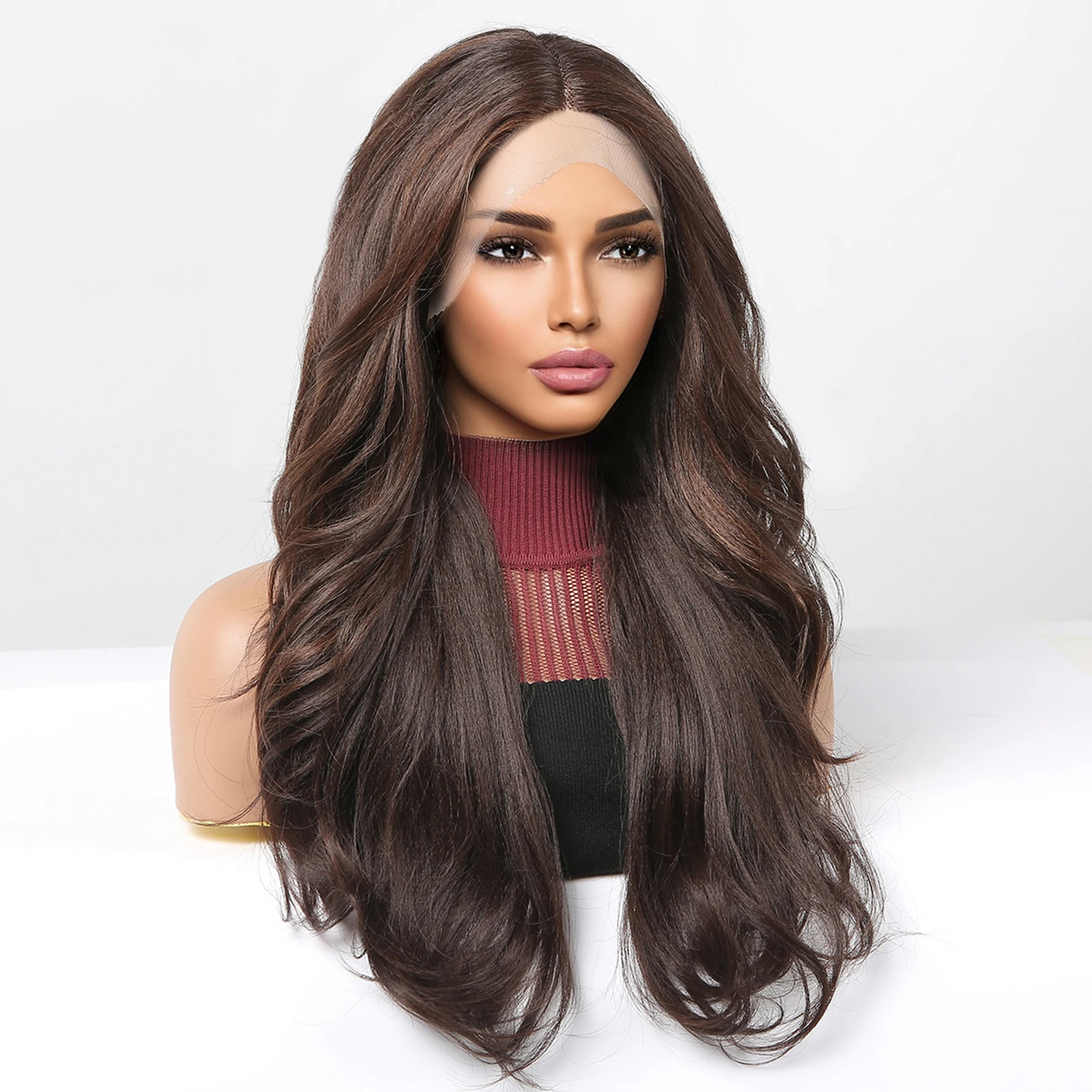 Long Synthetic Lace Wig Chocolate Brown Body Wavy Transparent Lace Front Wigs for Women Heat Resistant Cosplay Natural Wave Hair