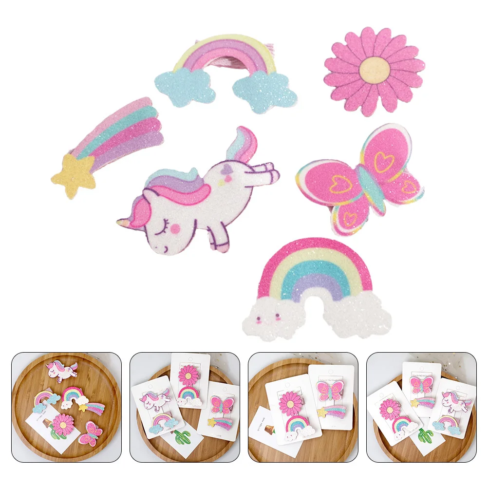 6개 반짝이 머리핀 유니콘 만화 사이드 클립 헤어핀 파티용 헤어 액세서리