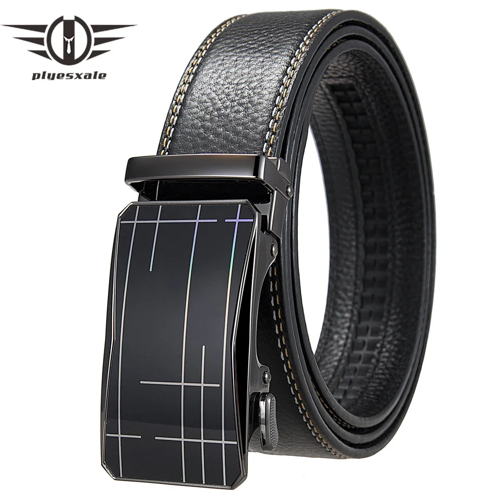 Plyesxale 2026 Fashion Black Leather Belts For Men High Quality Men's Dress Belts Metal Automatic Buckle Formal Belts Male B1386