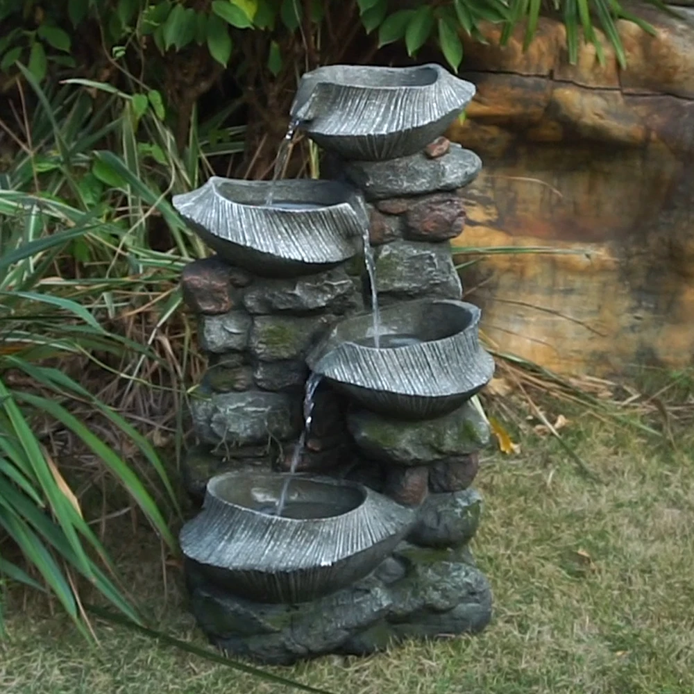 

19x15x31.5" Indoor Outdoor Stone Water Fountain, 4-Tier Polyresin Cascading Rock Bowl Freestanding Fountain with LED Ligh