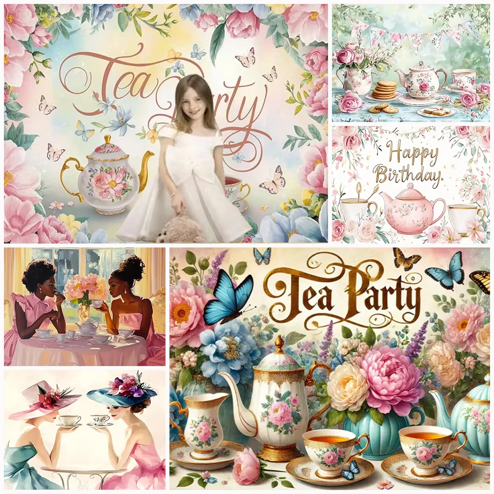

Vintage Floral Tea Party Background Banner Cute Girl Elegant Woman Birthday Party Backdrop Decoration Shooting Props Baby Shower