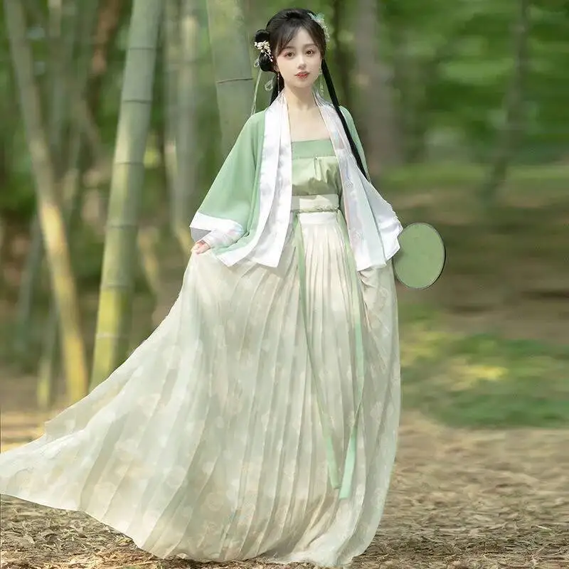 طقم فستان هانفو الصيني فستان مطوي أخضر معجون الفول فستان مطرز صيني تقليدي للنساء أزياء كلاسيكية آسيوية #2