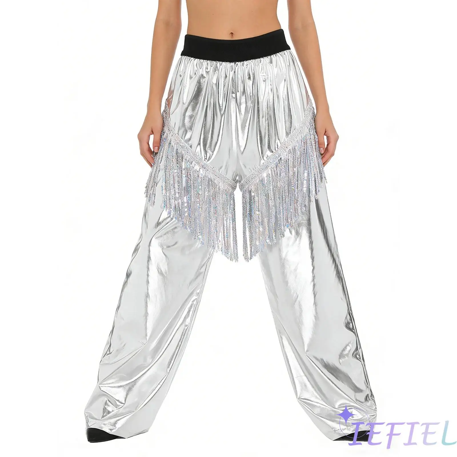 

Womens Jazz Tango Latin Dance Pants Outfit Sequined Tassel Elastic Waistband Loose Straight Trousers for Cheerleading Dancewear