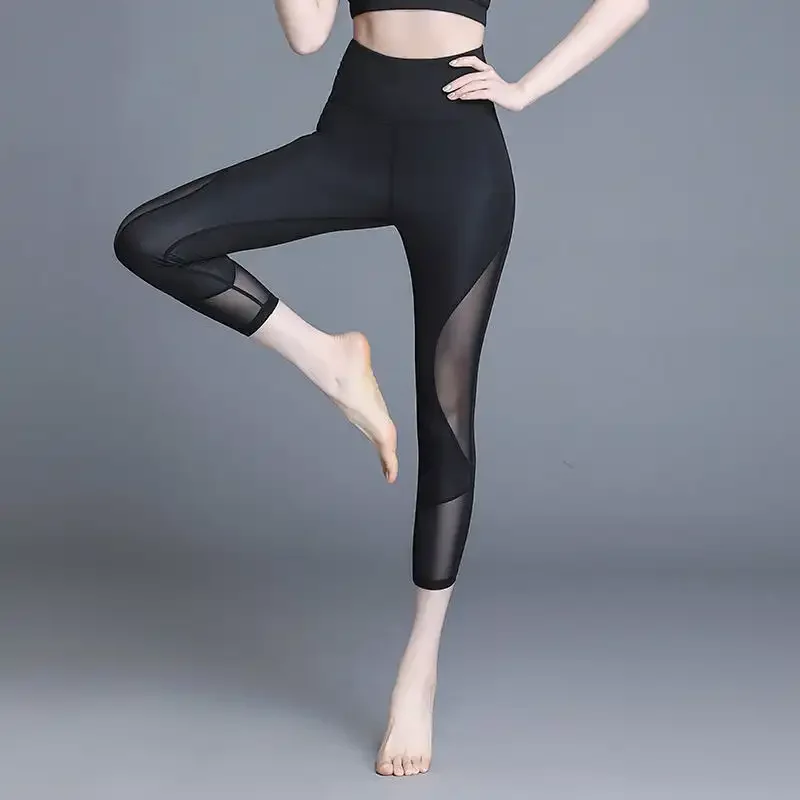 

Women's High Waist Mesh Panel Yoga Capris Stretchy Slim Fit Workout Leggings