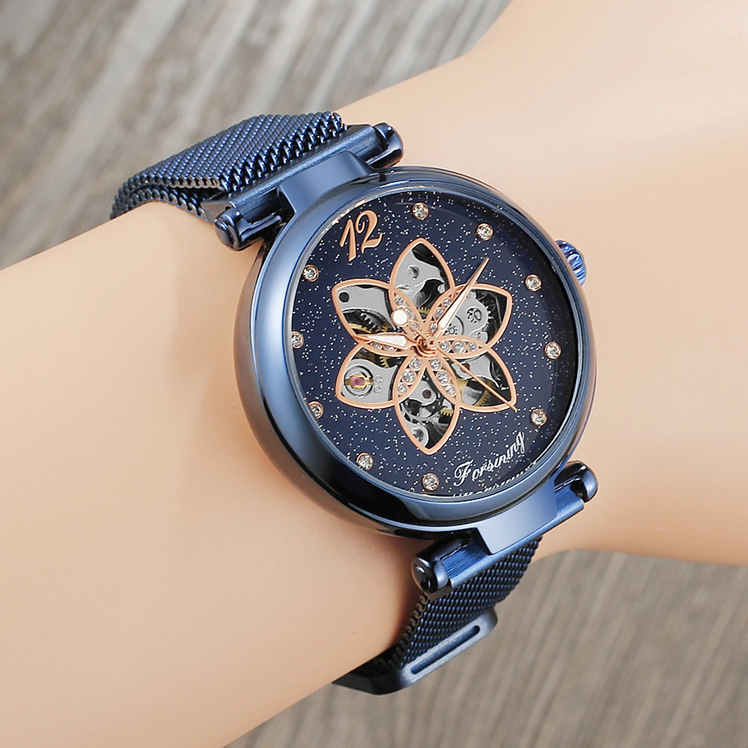 Fashion Forsining Top Brand Rose Gold Case Starry Sky Dial Women\'s Mesh Mechanical Skeleton Creative Self-winding Wrist Watches