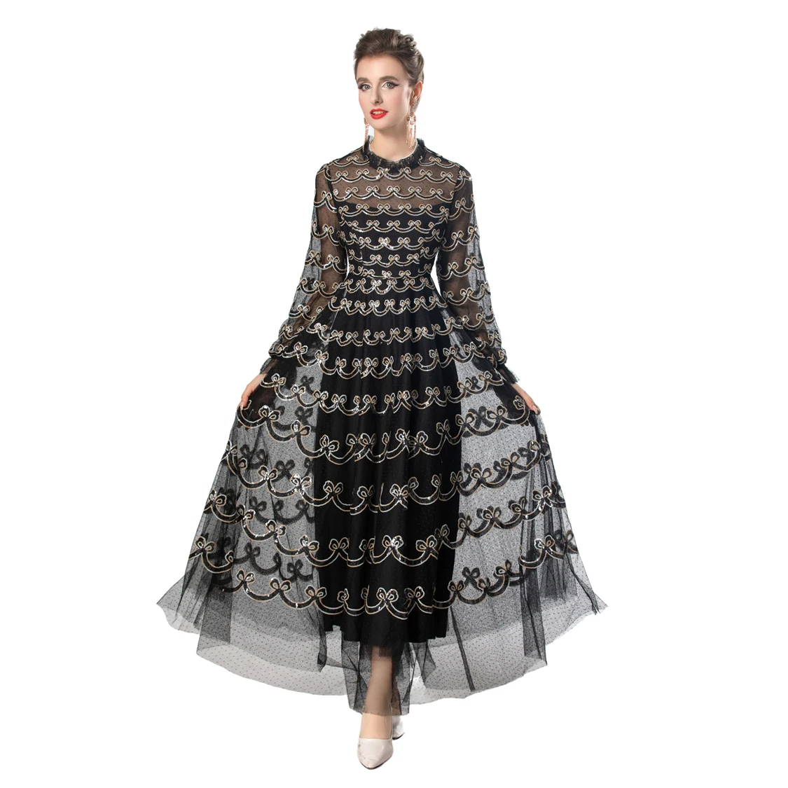 Women's Runway Dresses O Neck Long Sleeves Sequined Floral Elegant Fashion Designer Party Prom Gown