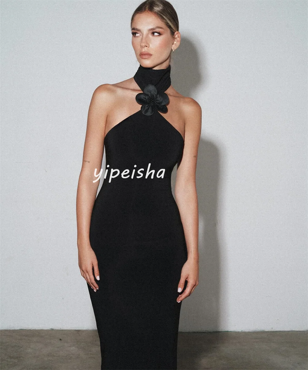 Customized Formal Classic Jersey Handmade Flower Pleat Sheath High Collar Long Dresses Cocktail Dresses Matching Fashion Casual
