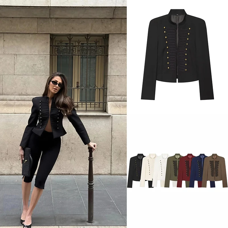 Guobioziy Women's Shoulder-Padded Slim-Fit Blazer 2026 Spring＆Autumn New Style Monochrome Studded Design European Casual Fashion