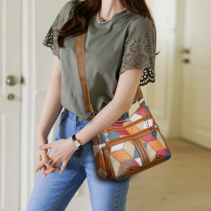 Women Geometric Pattern Synthetic Leather Crossbody Shoulder Bag Adjustable Strap Multi Color Options for Daily Use Work Travel