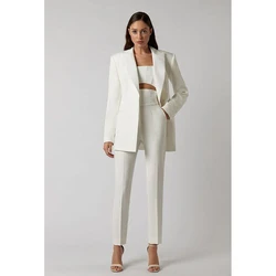 Elegant Pure White Single Button Women Pants Set New Female Two Pieces(Blazer+Trousers) conjuntos femininos elegantes