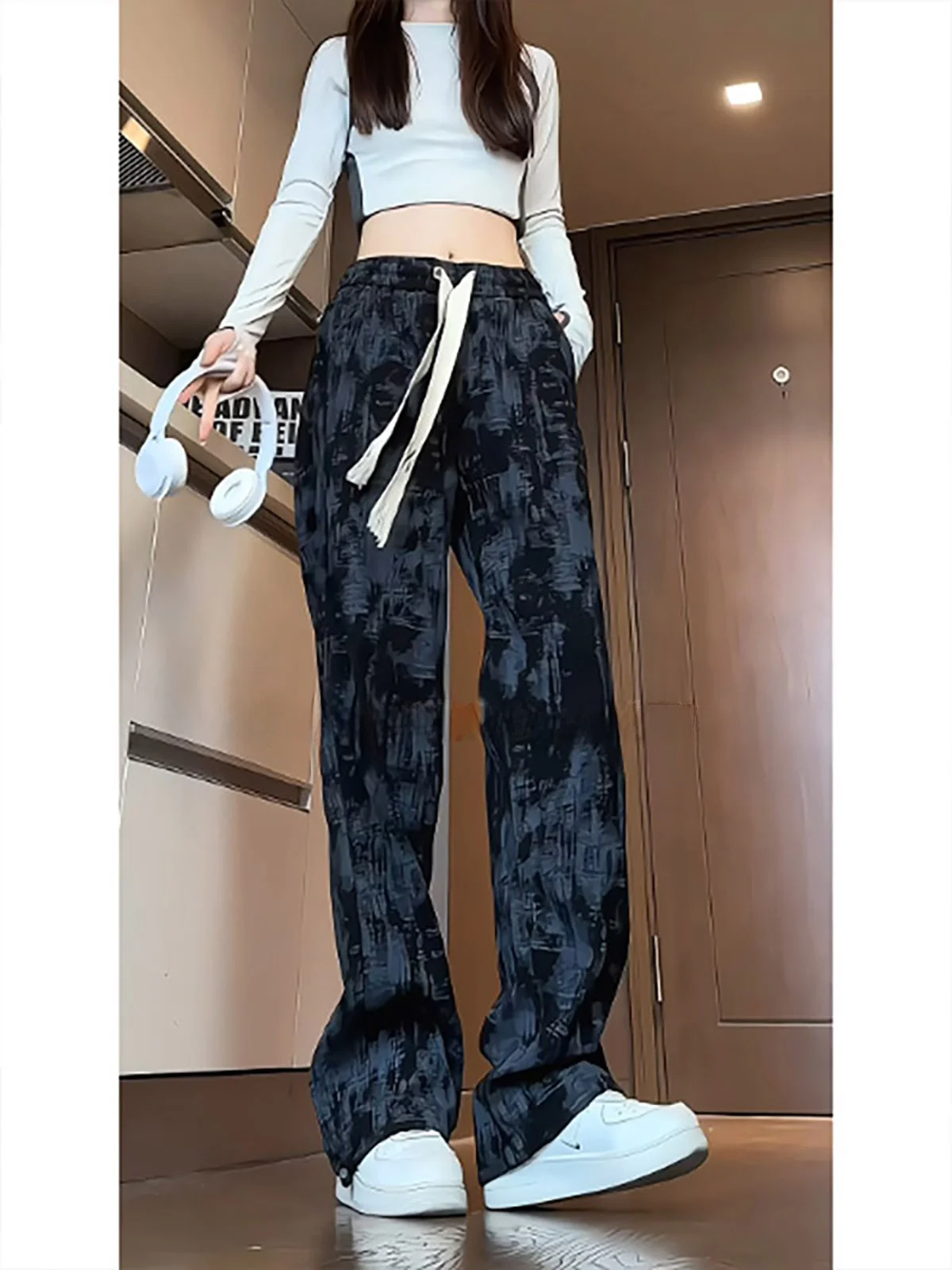 Black Tie Dye Corduroy Wide Leg Casual Pants Men's Loose Fit Drawstring Sweatpants Casual Daily Wear Summer Trend