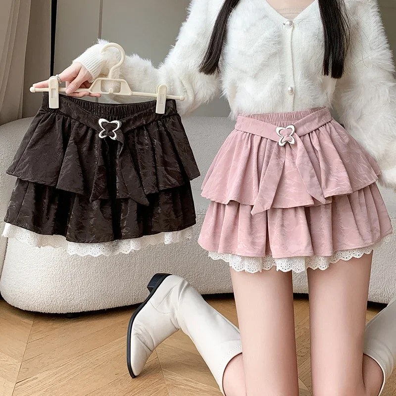 MiiiiX Sweet Hot Girl Ruffle Skirt Women's 2024 Autumn Lace-up Texture Design Elastic Waist A-line Short Skirt Female Clothes