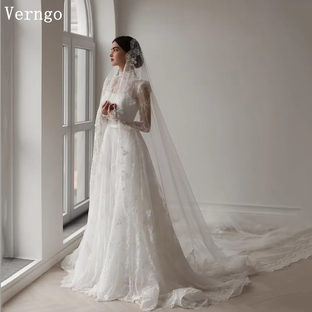 

Verngo lvory Lace Wedding Dress High Neck Full Sleeves A Line Bride Dresses Sweap Train Muslim Bridal Gowns Customized