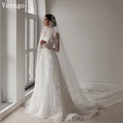 Verngo lvory Lace Wedding Dress High Neck Full Sleeves A Line Bride Dresses Sweap Train Muslim Bridal Gowns Customized