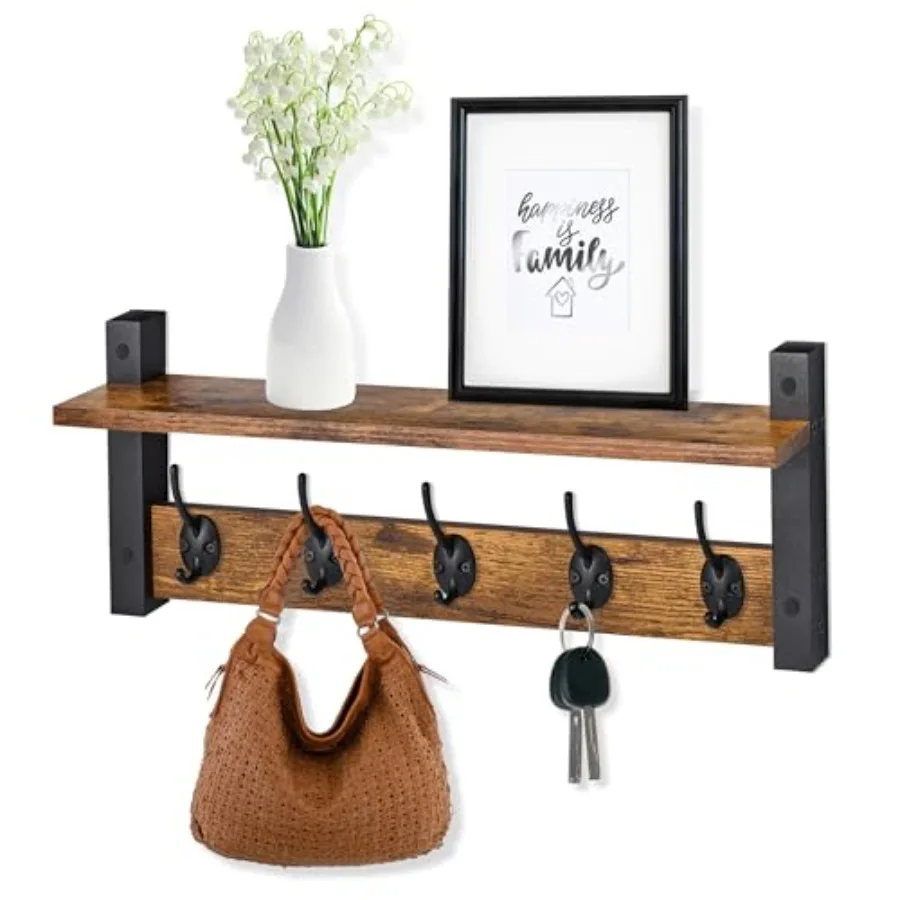 

Coat Hooks Wall Mount with Shelf Coat Rack Wall Mount with 5 Heavy Duty Hooks Floating Wall Shelf with Hooks for Entryway, Bath