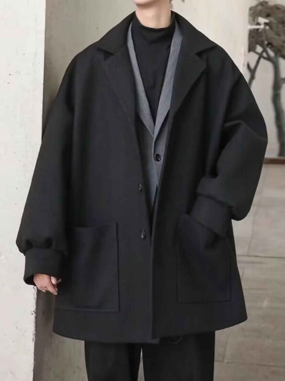 

Hong Kong Sle Men's ort Thiened Woolen Coat Trendy Haome Loose Couple Matching Mid-Length Faionable Youth Casual