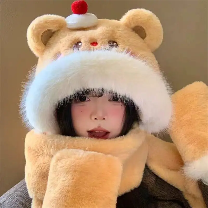 Cute Cake Teddy Bear Plush women's Winter Hat Scarf Face Highlighting Small Warm Ear Protection Windproof Hat 4m828