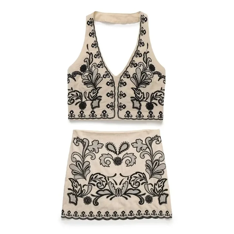 

Summer New Fashion Women's Skirt Sets Seaside Boho Style Embroidery Short Cotton Top and Skirt Distress Matching 2 Piece Sets