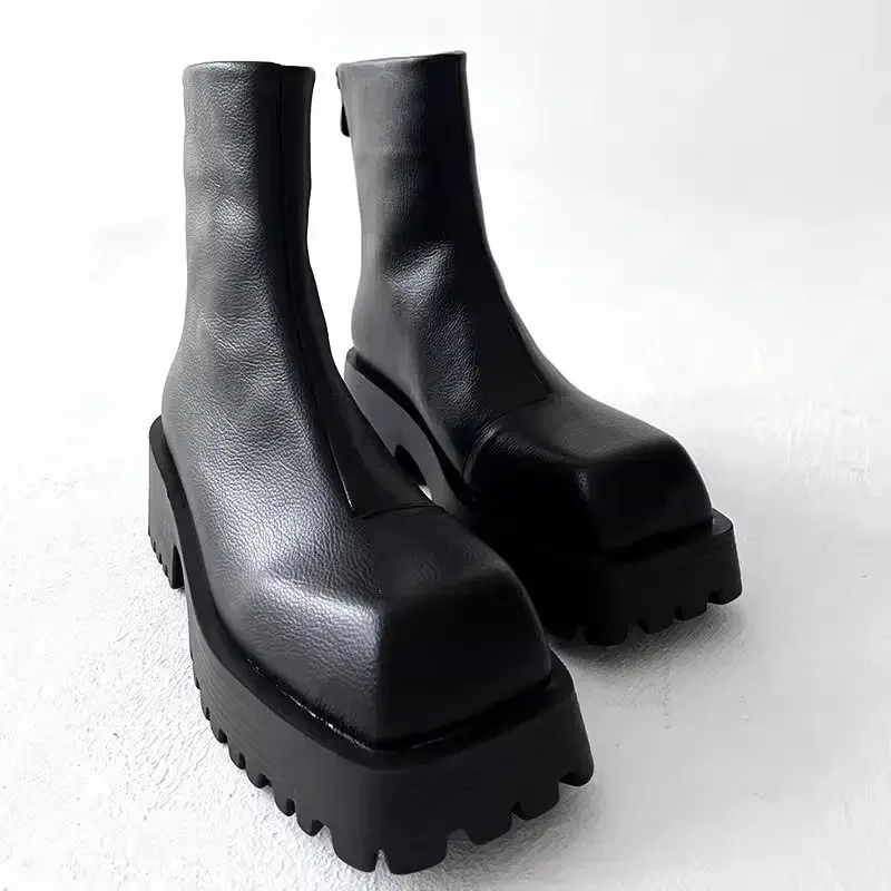 

2025 мужские ботинки челси из натуральной кожи с квадратной головкой и толстой подошвой в британском стиле, высокие рыцарские сигаретные ботинки из натуральной кожи