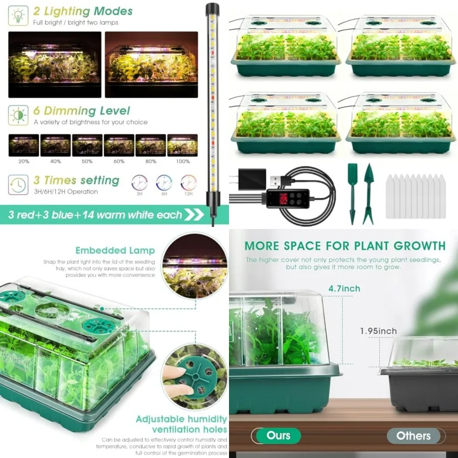 Seed Starter Tray with Grow Light, 192-Cell Seed Starter Kit, Seedling Starter Trays with Humidity Domes, Automatic Timer, Adju