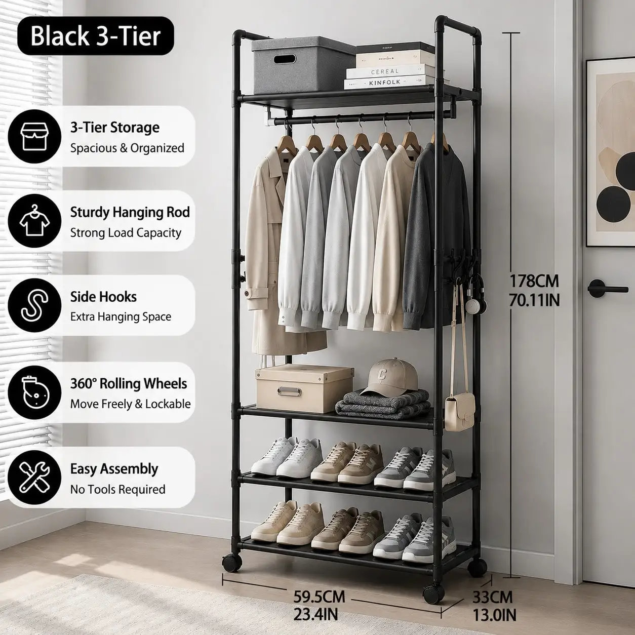 Rolling Clothes Rack With Wheels White 3 Tier Garment Rack With Shelves Hanging Rod Side Hooks Metal Portable Clothes Stand Shoe Rack Organizer For Bedroom Entryway Laundry Room Gift view 5