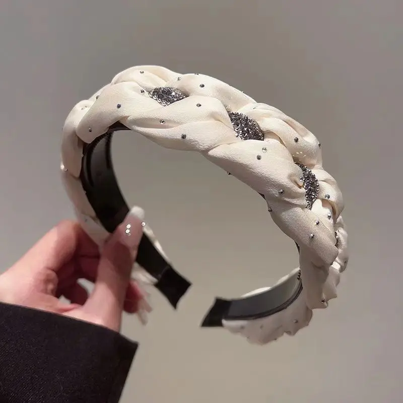 Exquisite Braided Satin Hairband Non-Slip Teethed Hair Hoop With Centering Rhinestones - Lady Headpiece-image