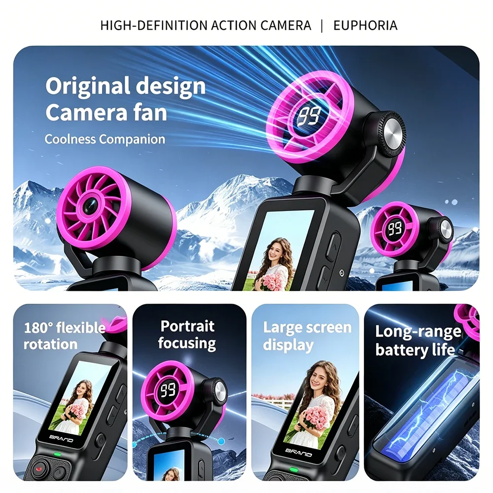 Pocket Fan Action Camera Focusing Shake Reduction Handheld Recorder for Daily Trip Outdoor Adventure Casual Vlog Video Shot.