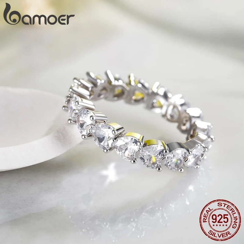 

BAMOER 925 Sterling Silver Stackable Heart Row Ring Sparkling Zirconia Band Finger Ring for Women Engagement Infinity Love Gift