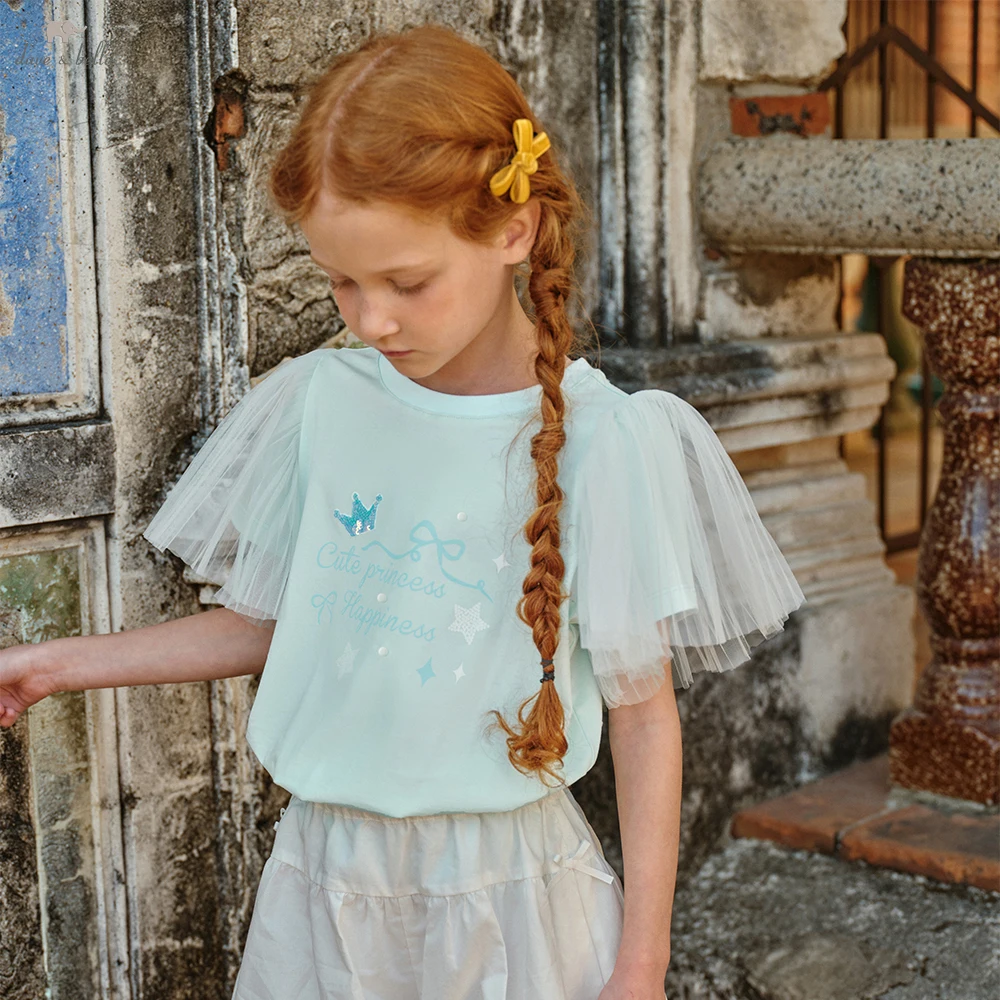Dave Bella Girl Printed Summer Mesh T-shirts Kids Short Sleeve Tees Children Cotton Tops Casual Outdoor Clothes DK2261536
