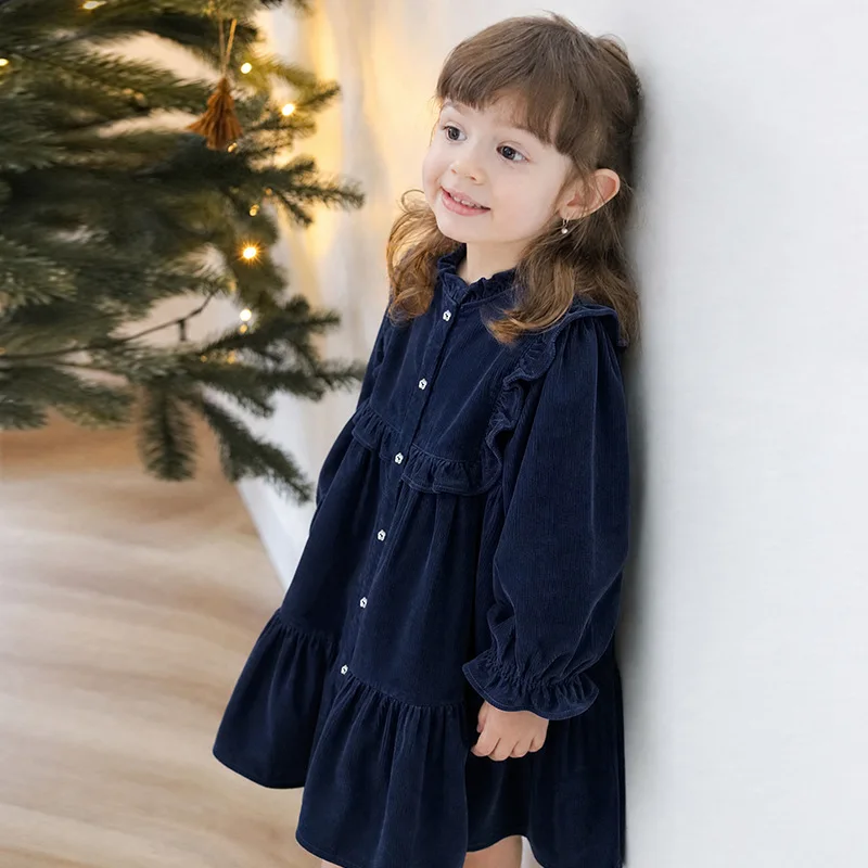 French Countryside Style Cotton Corduroy Dress for Children's Autumn and Winter Forest Style Cute Girls' Long Sleeved Cake Skirt