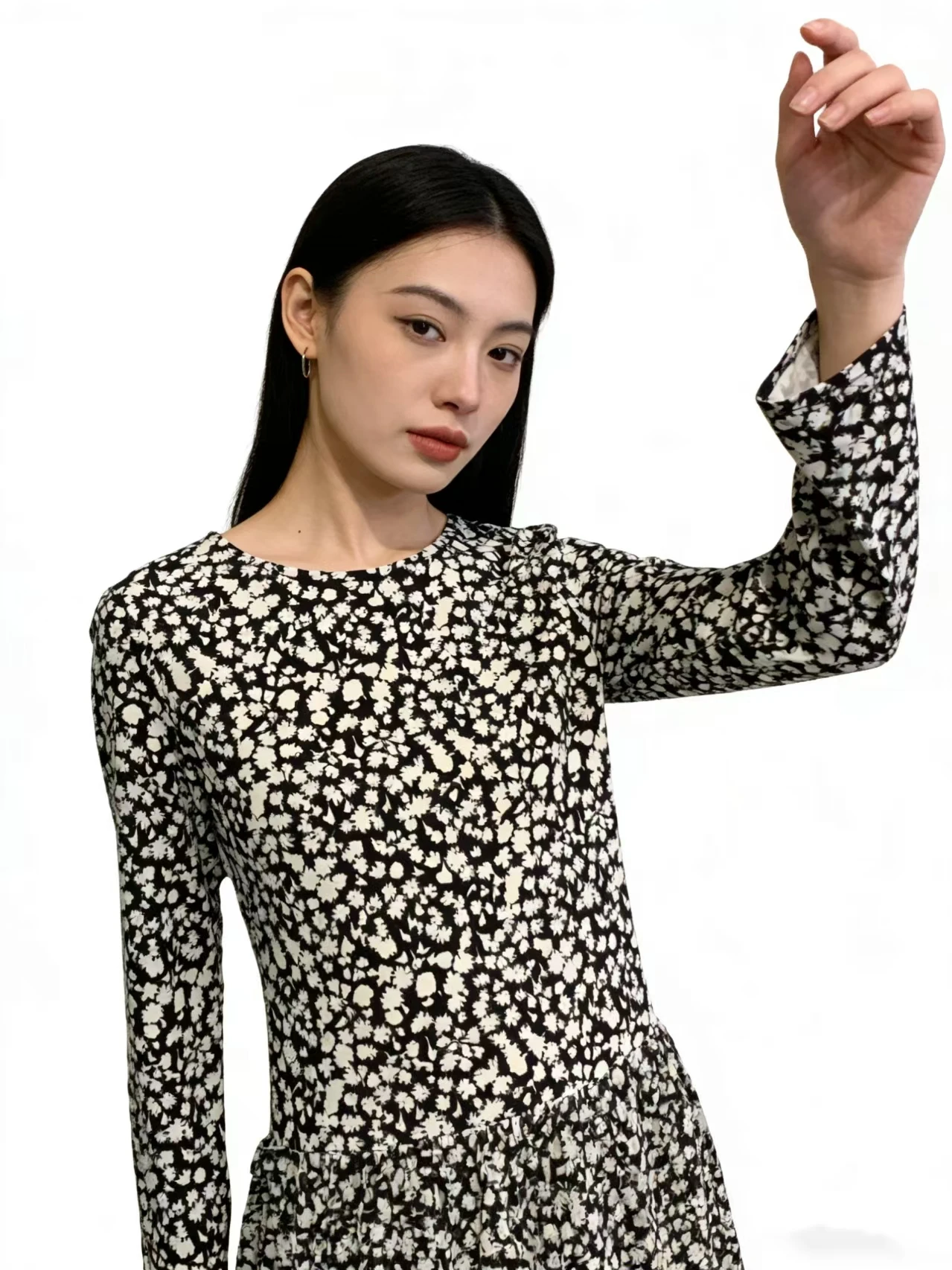 fenggejiwo Hochwertiges bedrucktes Faltenkleid für Damen, langes Frühlings-/Sommerkleid