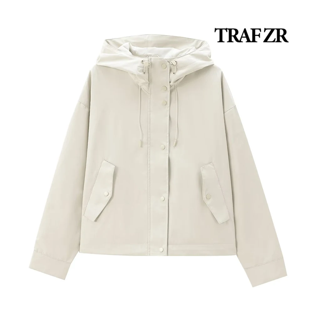 

TRAF ZR Casual Women's Hooded Jacket Long Sleeves Stand Collar Coat Adjustable Hem with Elastic Drawstring 2024 Autumn Outerwear