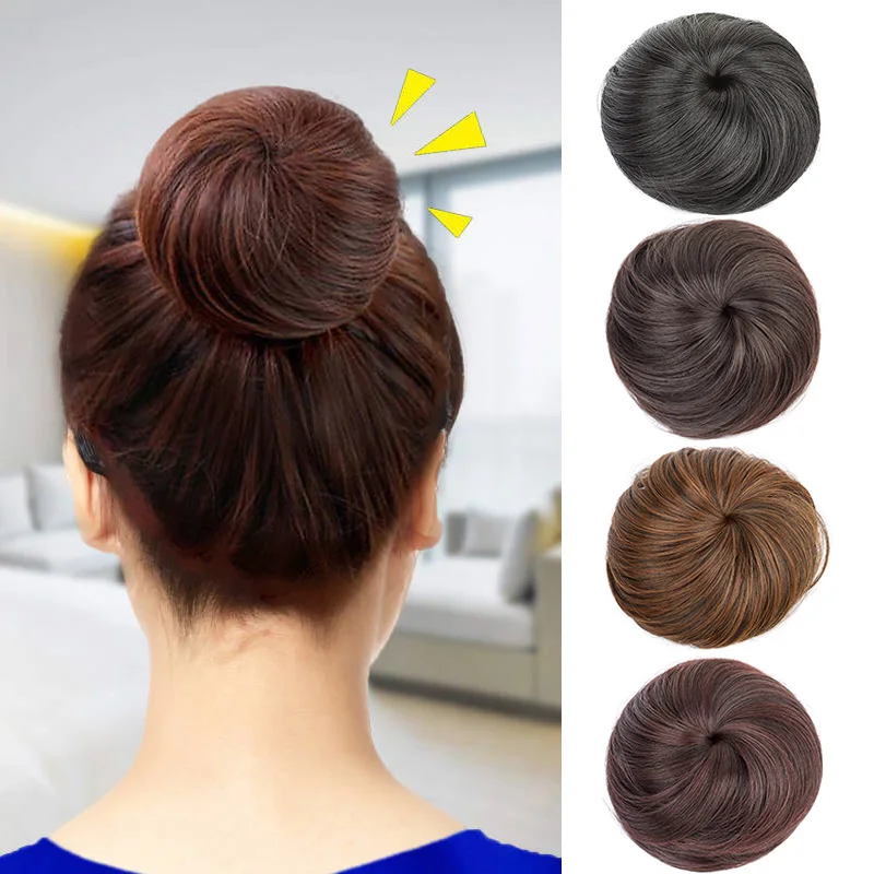 Synthetic Short Straight Hair Bun Chignon Clip in Hair Extension Black Brown Hairpiece for Women