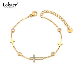 Lokaer 316L Stainless Steel Cubic Zirconia Cross Charm Bracelet For Women 18K Gold Plated Vintage Wedding Jewelry браслет B23148