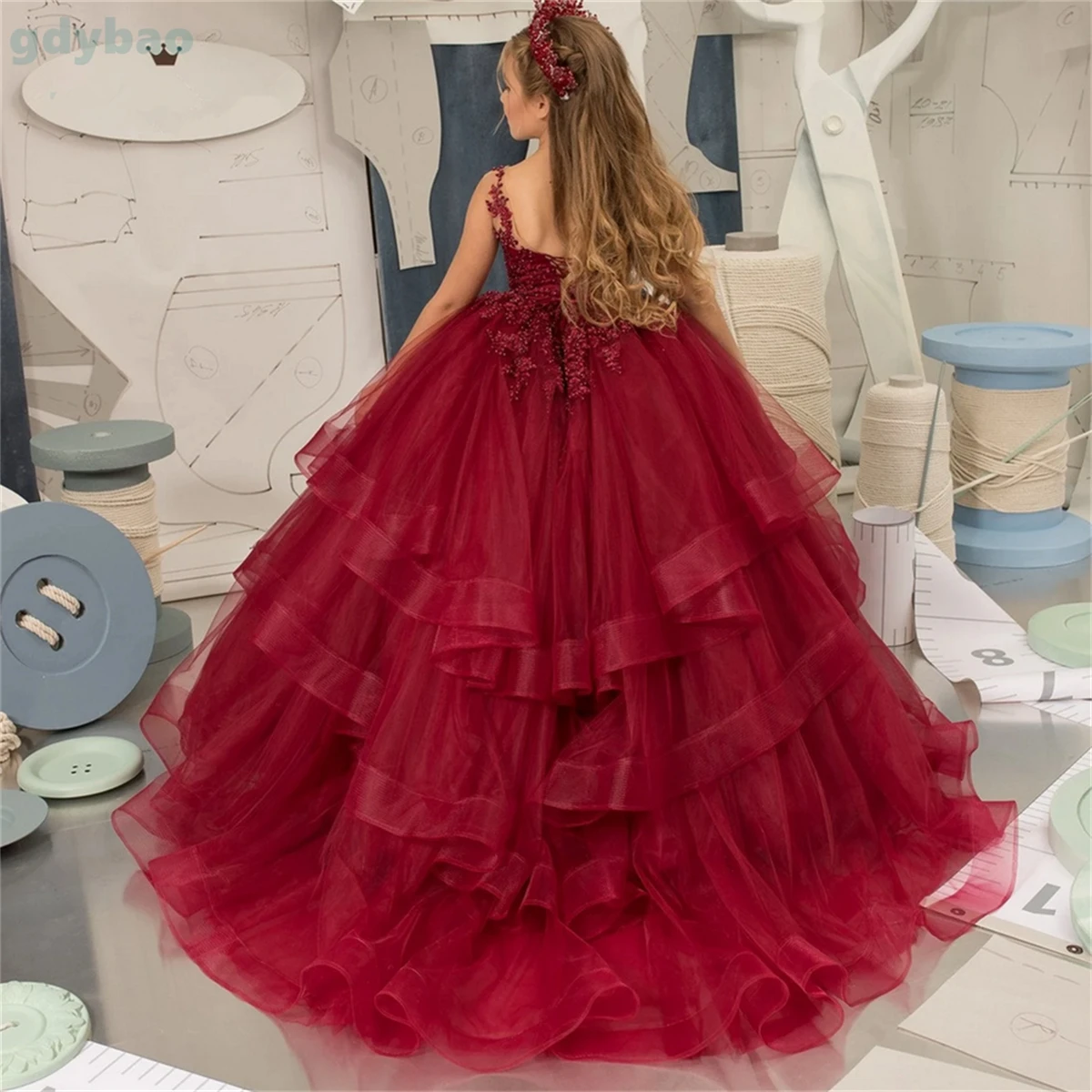 Flower Girl Dress Red Layered Fluffy Tulle Bow Sparkly Sleeveless Wedding Flower Child Communion Birthday Party Dress Customized