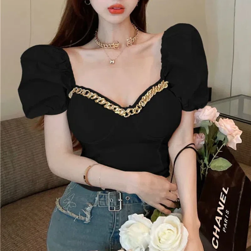 Fashion Commute Spring New Women\'s slash neck Solid Color Chains Splicing Shirt puff sleeve Slim Off Shoulder Short T-shirt Tops