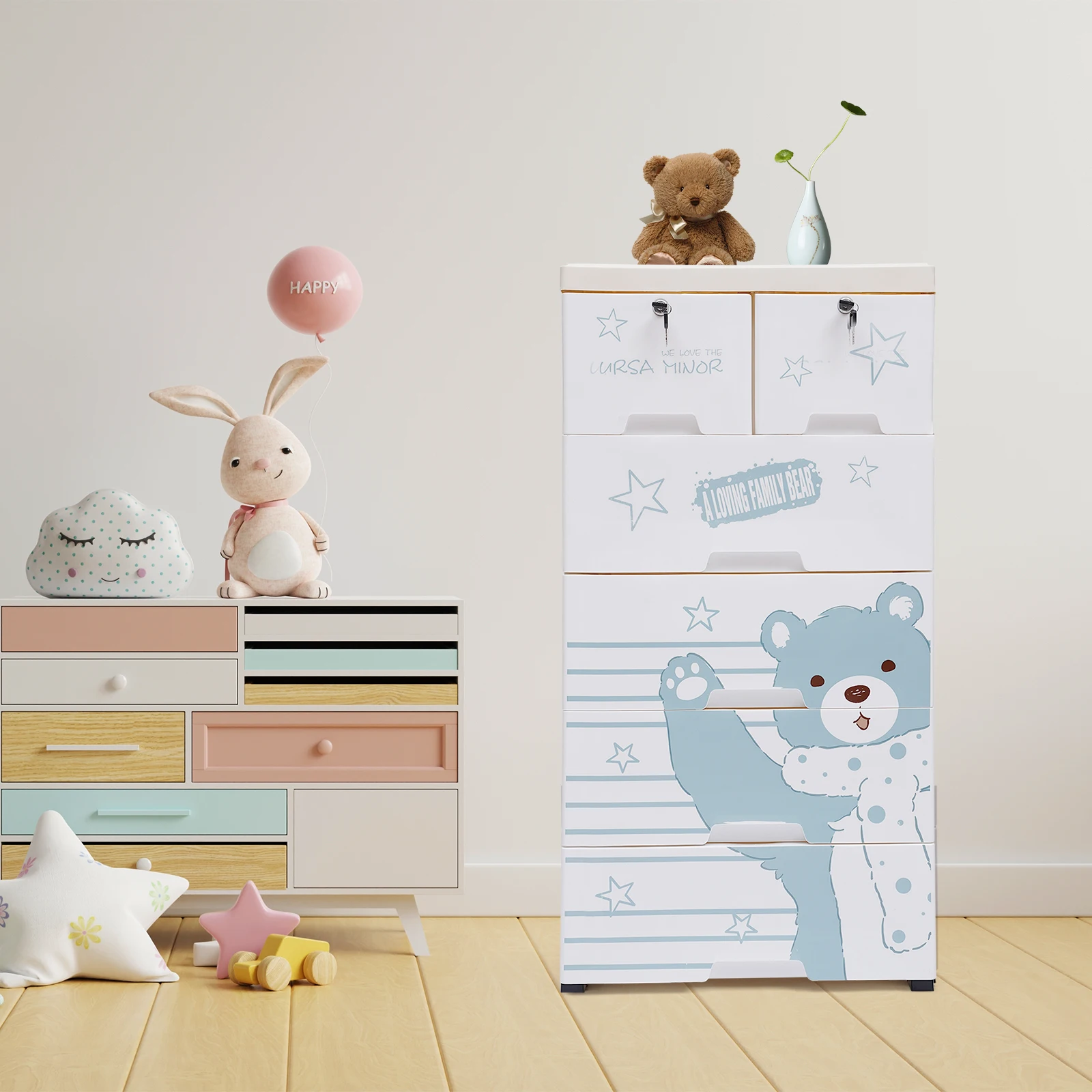 

5 Layers Polar Bear Closet Tall Dresser Organizer Dolls Storage Cabinet 6 Drawers, Clothes Organizer Tower Cabinet w/Wheel