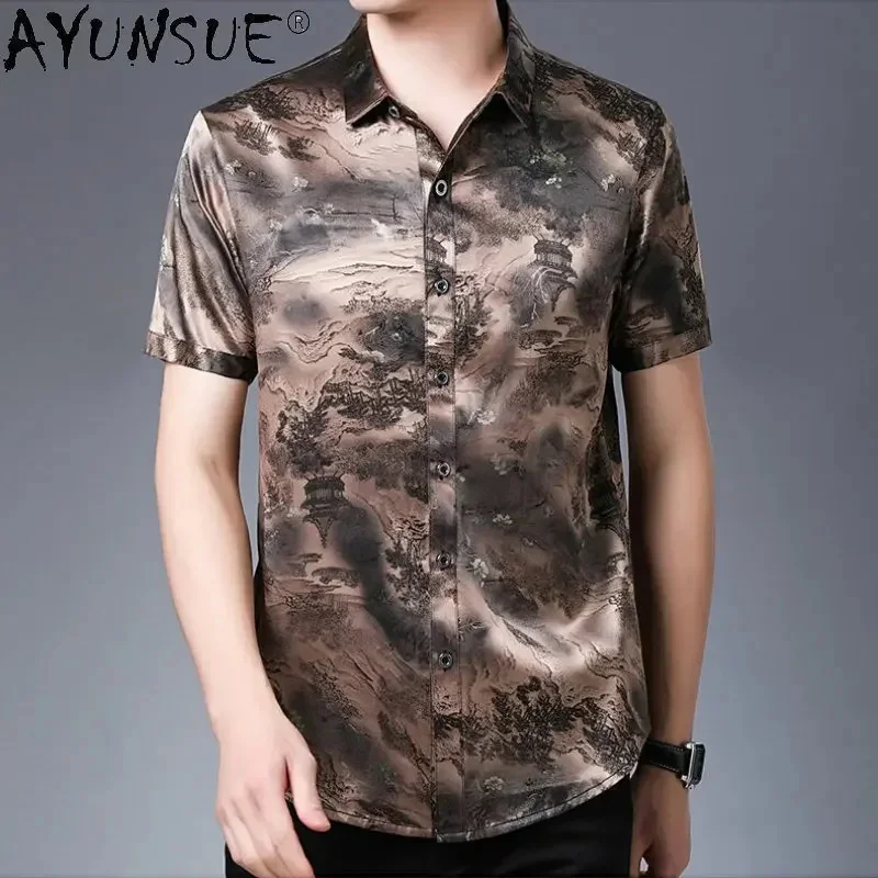 

92.5% Mulberry Real Silk Shirts for Men Short Sleeved Heavyweight Shirt Summer Fashion Printing Satin T-shirt Male Camisas