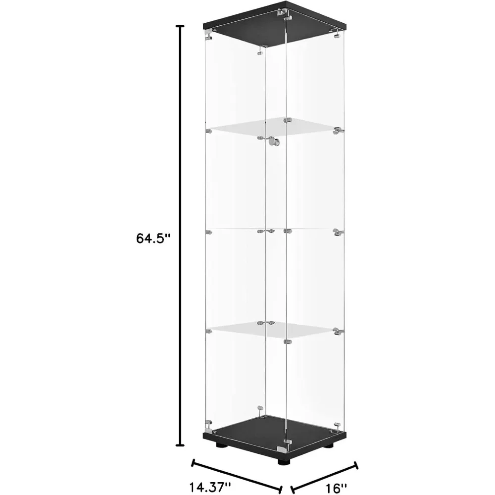 65”x17”x14” Display Cabinet with Door & Lock, Quick-Install Tempered Glass Floor Standing Bookshelf, 4-Shelf Display Cabinet