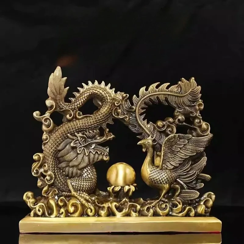 Feng Shui Copper Dragon and Phoenix Statue Auspicious Symbol for Office Home Desk
