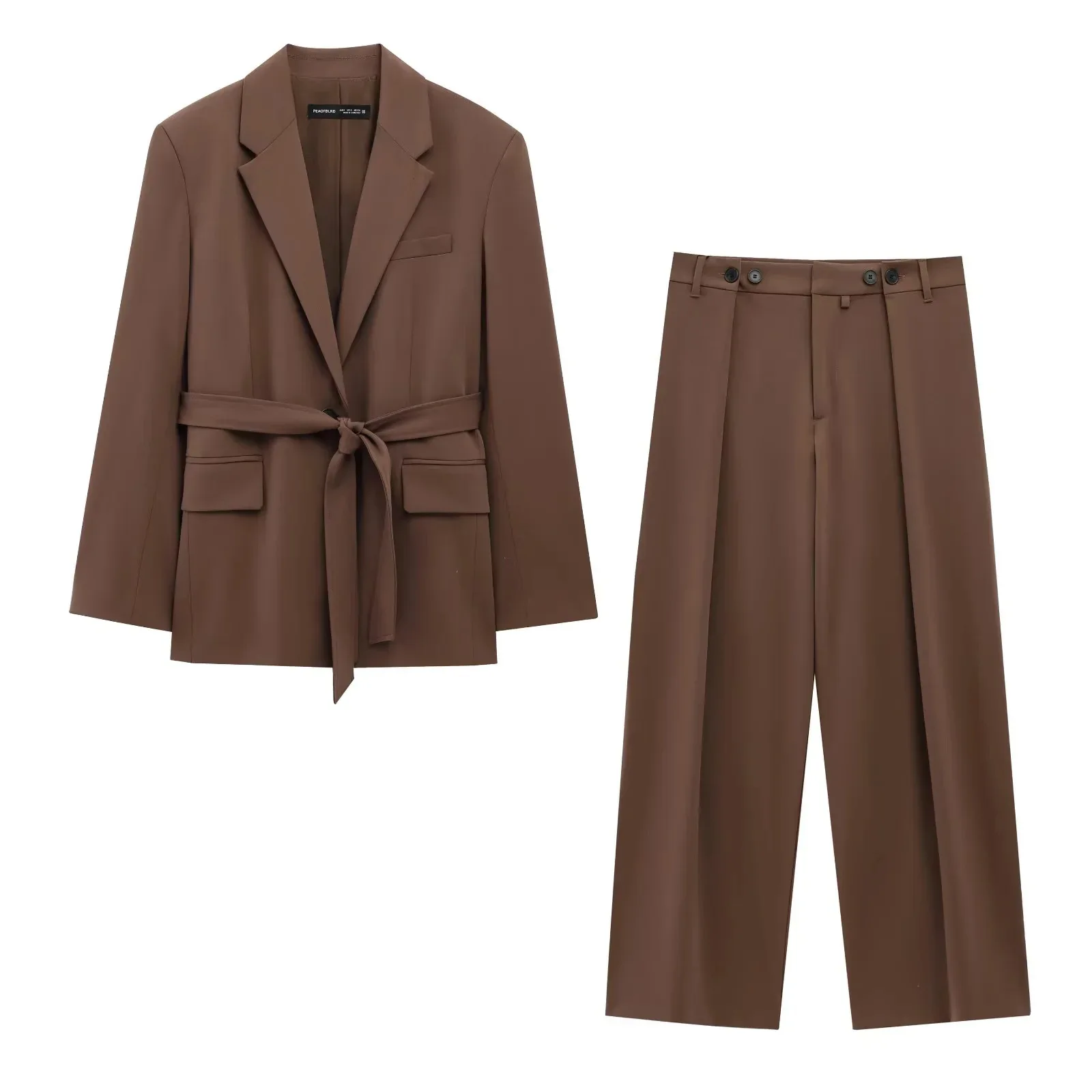 

2025 Fall New Arrival Women's Brown Suit Set Includes a Tie-Front Blazer and High-Waisted Wide-Leg Pants