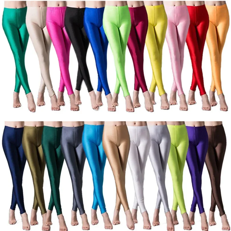 Kolorowe modne legginsy damskie błyszczące fluorescencyjne spodnie legginsy gorąca sprzedaży elastan elastyczność spodnie typu Casual Shinny