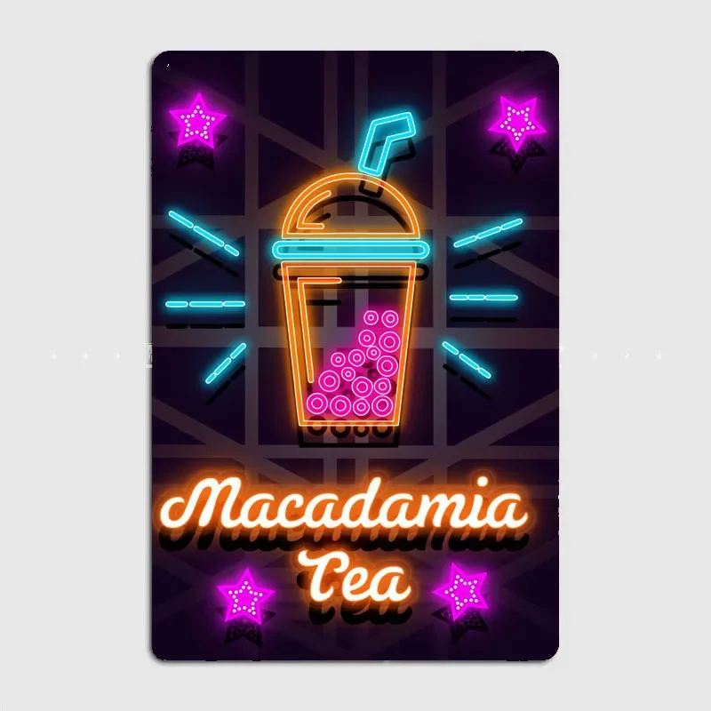 Drink Neon Macadamia Tea Neon Sign Retro Restaurant Poster Metal Sign Kitchen Room Wall Decor Tin Home Decoration