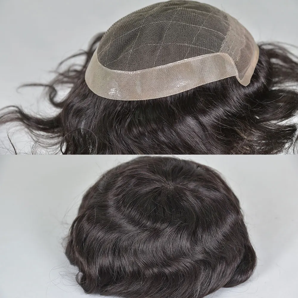 OCT Style Toupee Indian 100% Human Hair Natural Black 7x9 Inch Swiss Lace and PU Base Hairpiece for Man Hair System