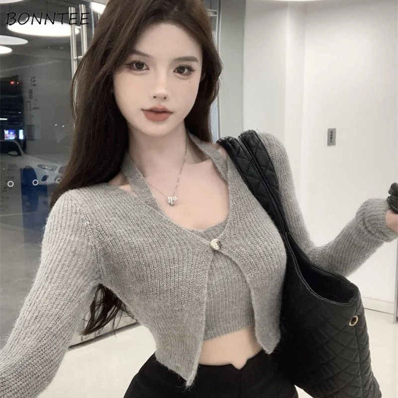 

Pullovers Women Halter Slim Fit Solid Design Basic Korean Style Hot Girls Sexy Tender Fashion Fake 2 Pcs Casual All-match Chic