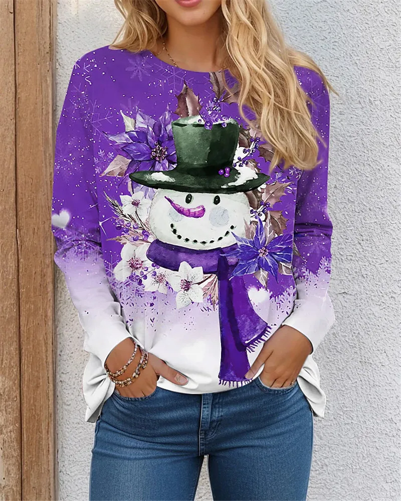 Christmas Snowman Pattern Women Fashion Polychrome Long Sleeve T-Shirts Autumn New 3D Printed Street Clothing Christmas Tops