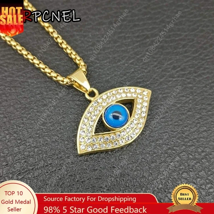 

316L Stainless Steel Men iced out blue eye of God pendant necklaces with zircon fashion long chain hip hop men jewelry