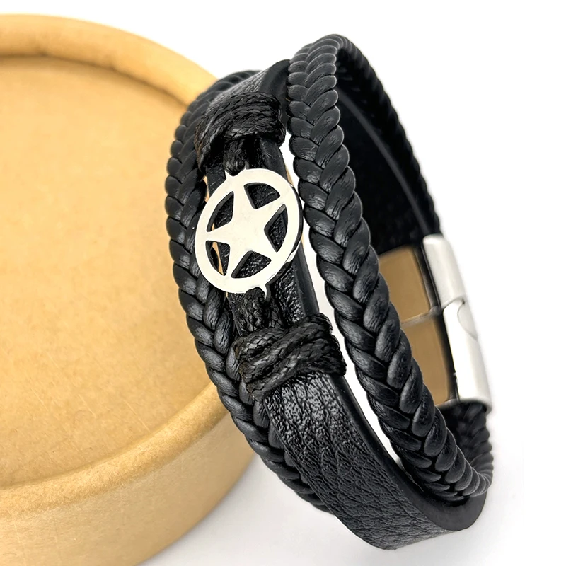 Classic handmade knit star Leather Bracelet 19,21,23cm Size Choose Stainless Steel Magnetic Buckle Fashion Charm Bracelet