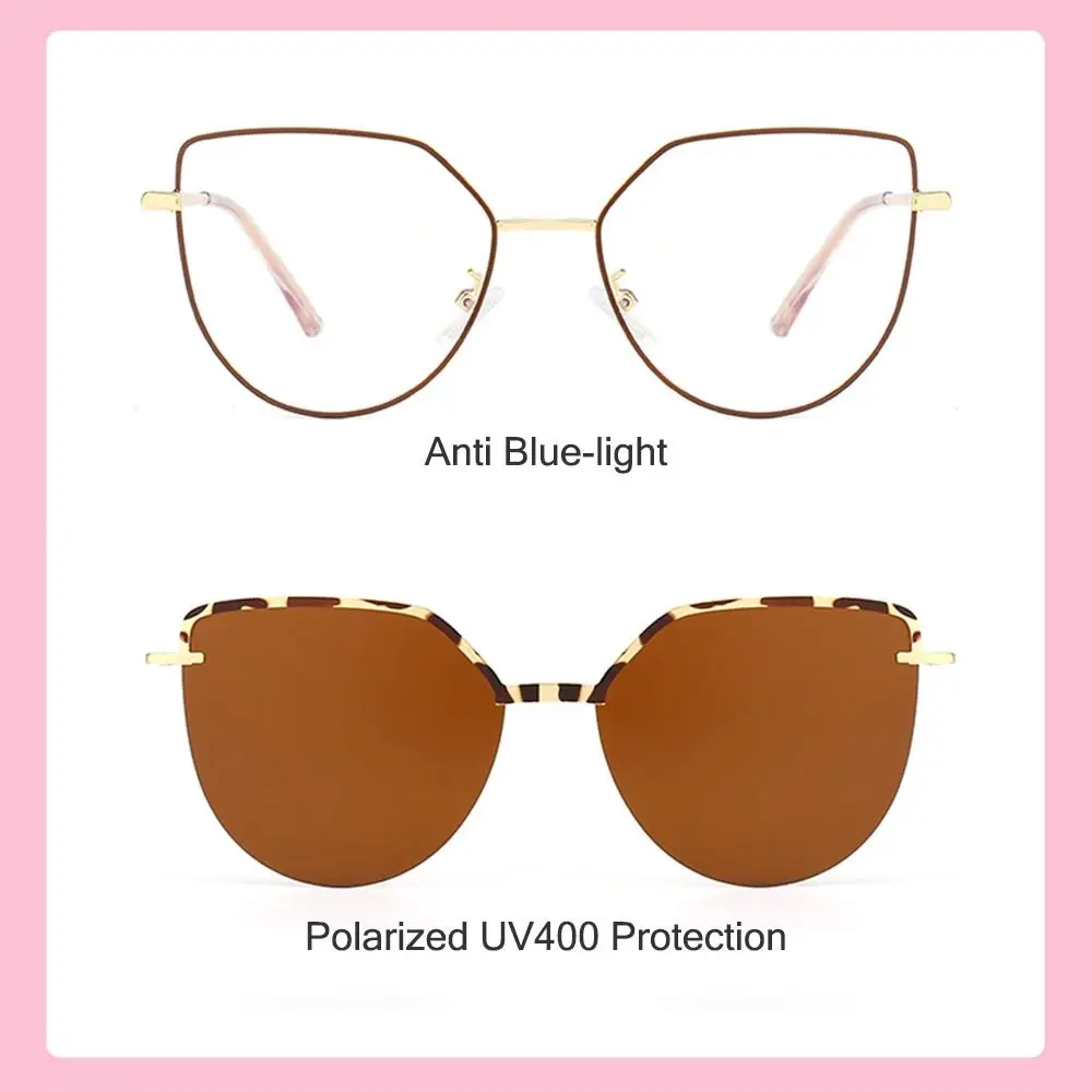 New Fashion 3 In-1 Glasses, Trendy Metal Frame Cat Eye Anti Blue Light Glasses with 1Pc Magnetic Polarized Clip-On Sunglasses